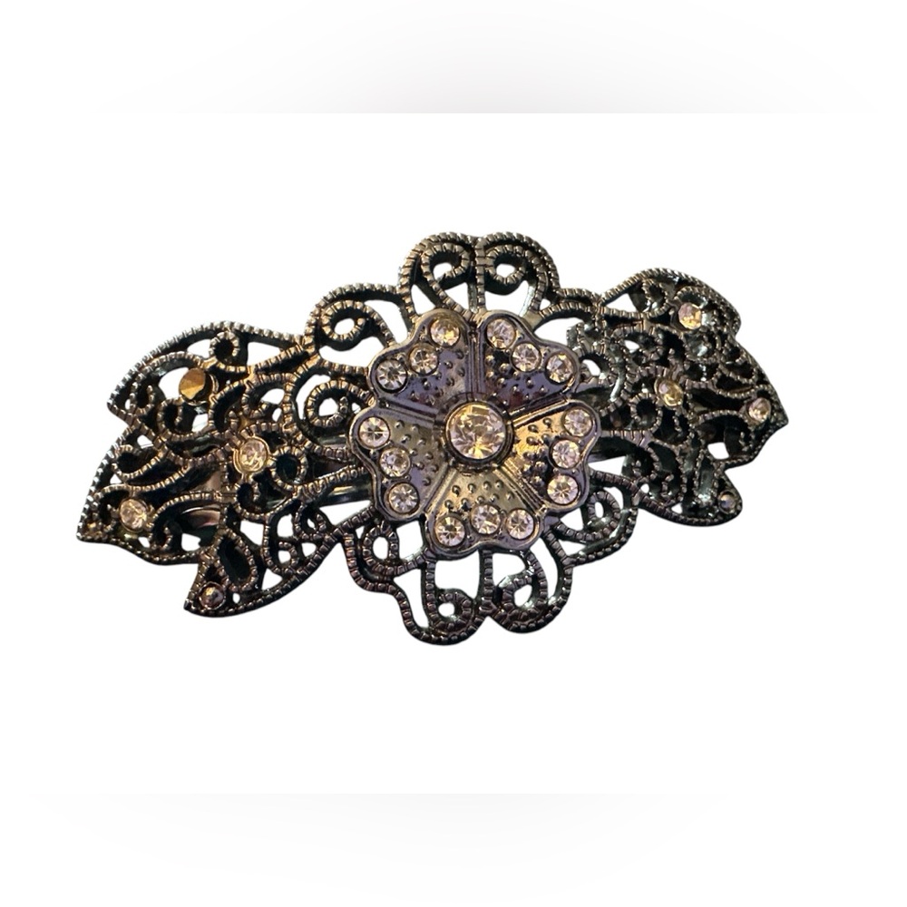 Vintage Barrette Hair Clip Gunmetal Black Rhinestone Flower